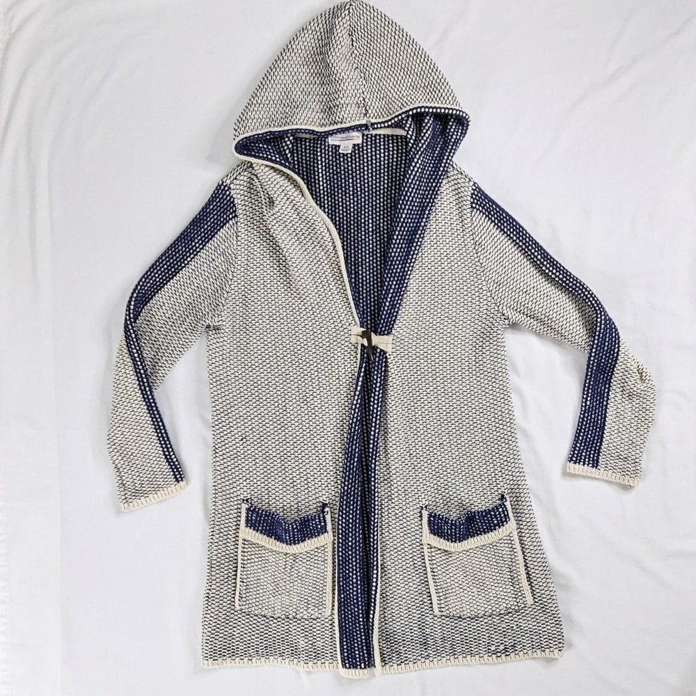 Cotton Country Parkhurst Longline Toggle Button Blue White Knit Hooded Cardigan